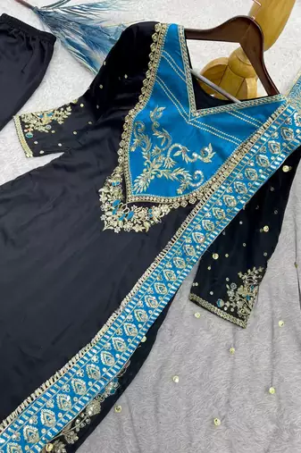 black color embroidery and sequin work cotton kurti palazzo set
