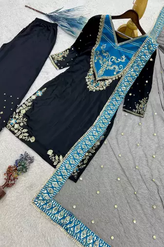 black color embroidery and sequin work cotton kurti palazzo set