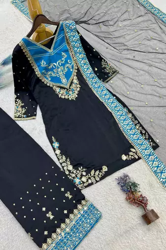 black color embroidery and sequin work cotton kurti palazzo set