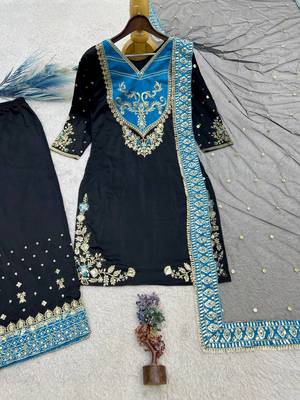 black color embroidery and sequin work cotton kurti palazzo set 5