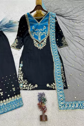 black color embroidery and sequin work cotton kurti palazzo set
