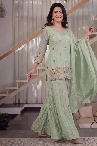 peach embroidery fendi crush full stitched sharara plazo