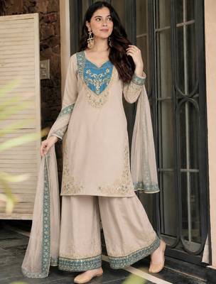 white color embroidery and sequin work cotton kurti palazzo set 1