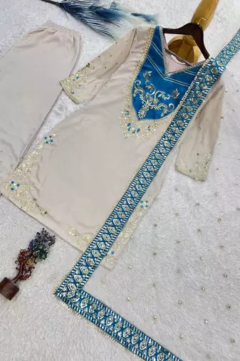 white color embroidery and sequin work cotton kurti palazzo set
