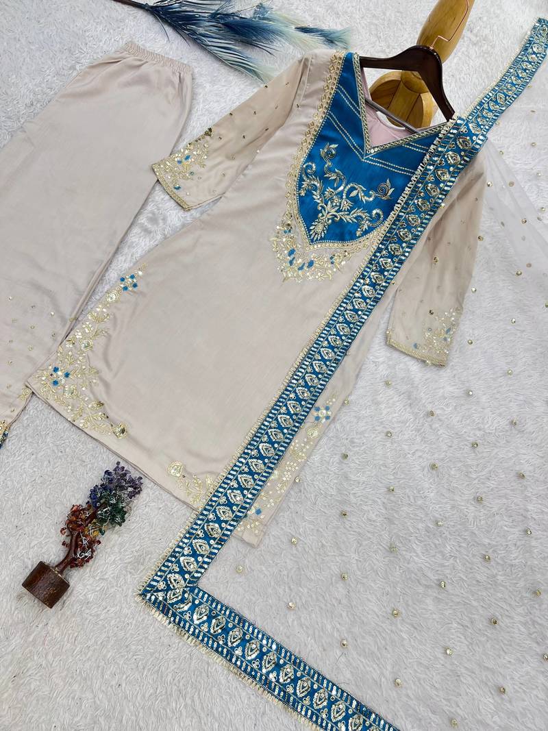 white color embroidery and sequin work cotton kurti palazzo set