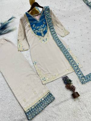 white color embroidery and sequin work cotton kurti palazzo set 4