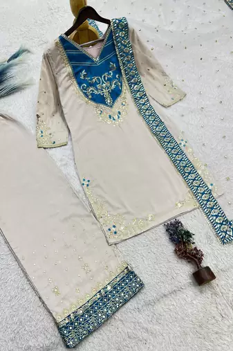 white color embroidery and sequin work cotton kurti palazzo set