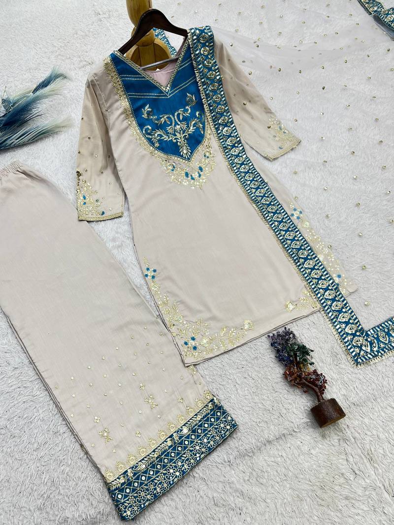 white color embroidery and sequin work cotton kurti palazzo set