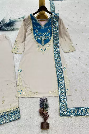 white color embroidery and sequin work cotton kurti palazzo set