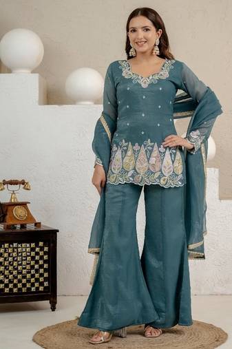 teal embroidery crunchy silk blend  full stitched sharara plazo