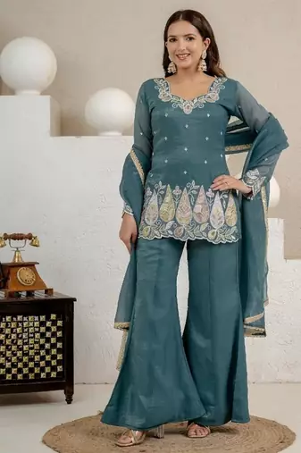 teal embroidery crunchy silk blend  full stitched sharara plazo