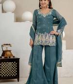 teal embroidery crunchy silk blend  full stitched sharara plazo