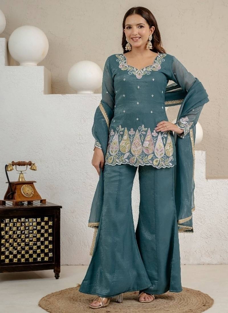 teal embroidery crunchy silk blend  full stitched sharara plazo