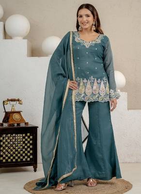 teal embroidery crunchy silk blend  full stitched sharara plazo 2