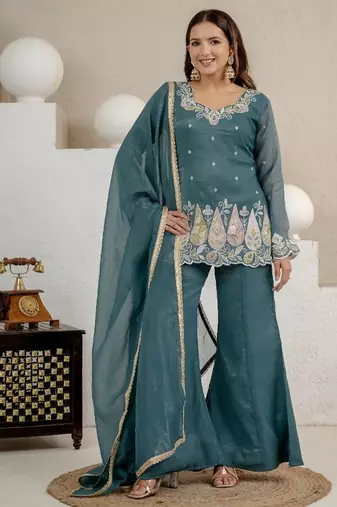 teal embroidery crunchy silk blend  full stitched sharara plazo
