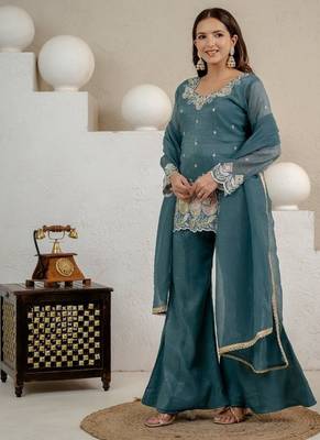 teal embroidery crunchy silk blend  full stitched sharara plazo 3