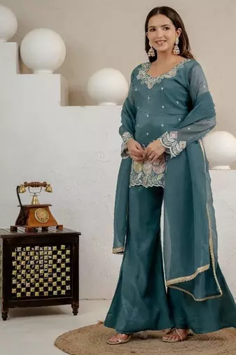 teal embroidery crunchy silk blend  full stitched sharara plazo