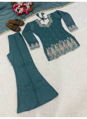 teal embroidery crunchy silk blend  full stitched sharara plazo 4