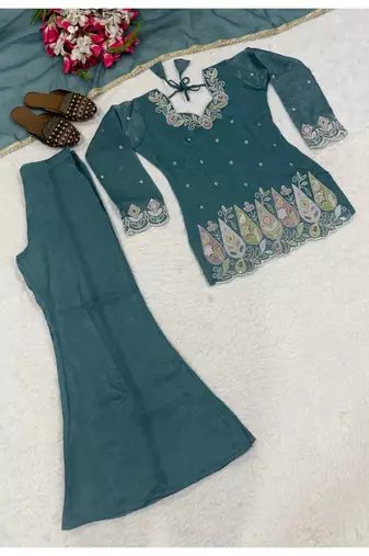teal embroidery crunchy silk blend  full stitched sharara plazo