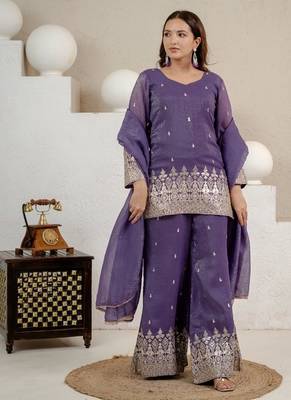 purple embroidery crunchy silk blend  full stitched sharara plazo 1