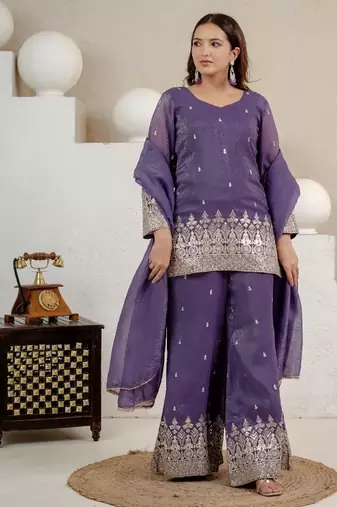 purple embroidery crunchy silk blend  full stitched sharara plazo