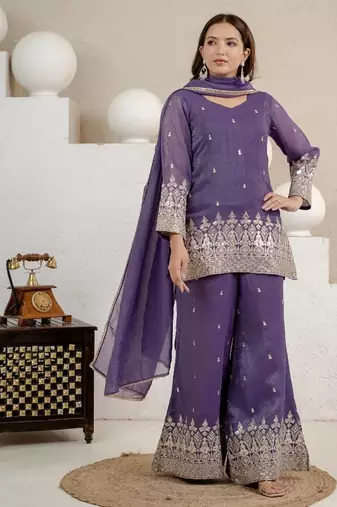 purple embroidery crunchy silk blend  full stitched sharara plazo