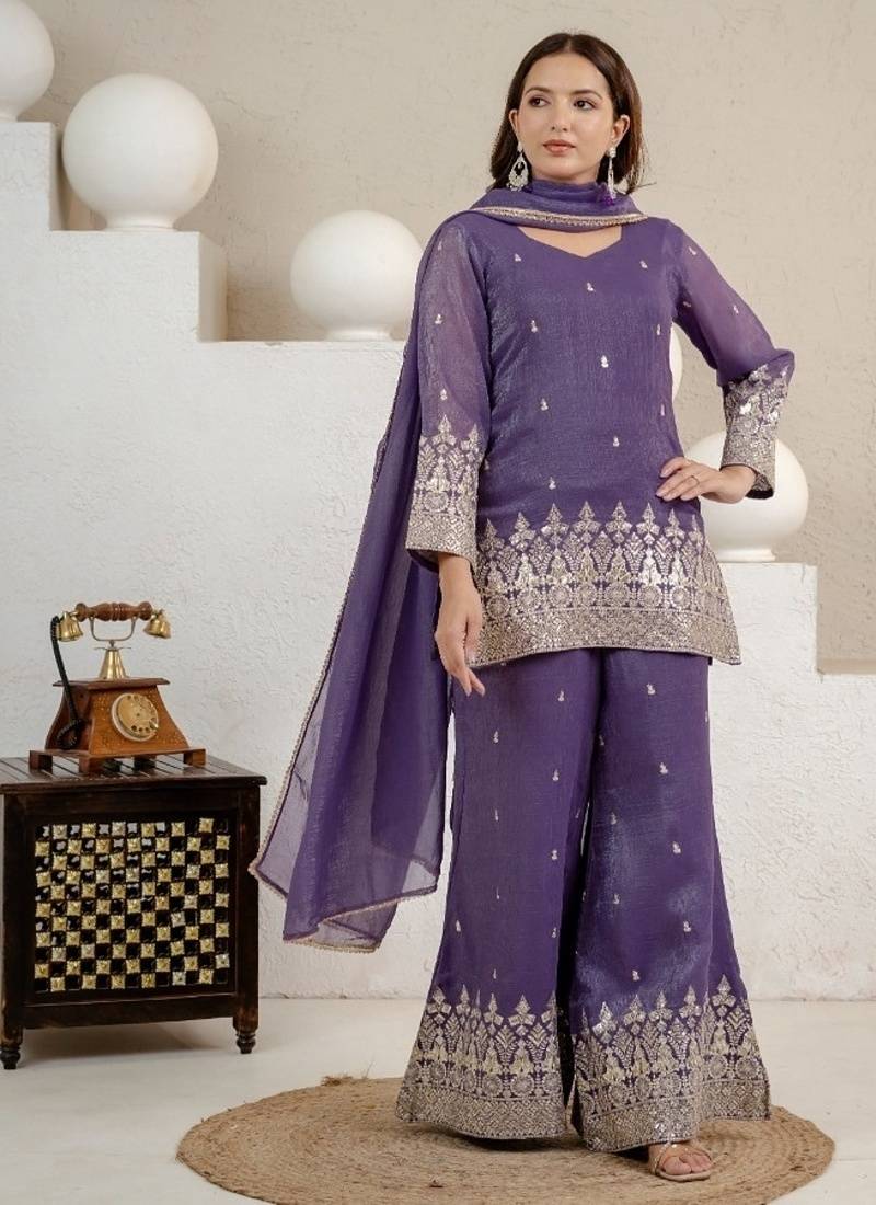 purple embroidery crunchy silk blend  full stitched sharara plazo