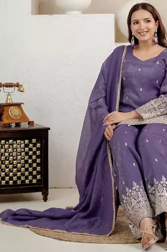 purple embroidery crunchy silk blend  full stitched sharara plazo