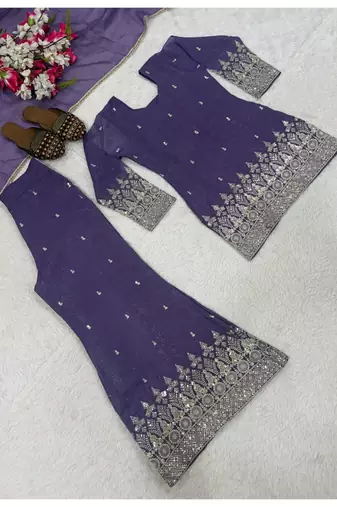purple embroidery crunchy silk blend  full stitched sharara plazo