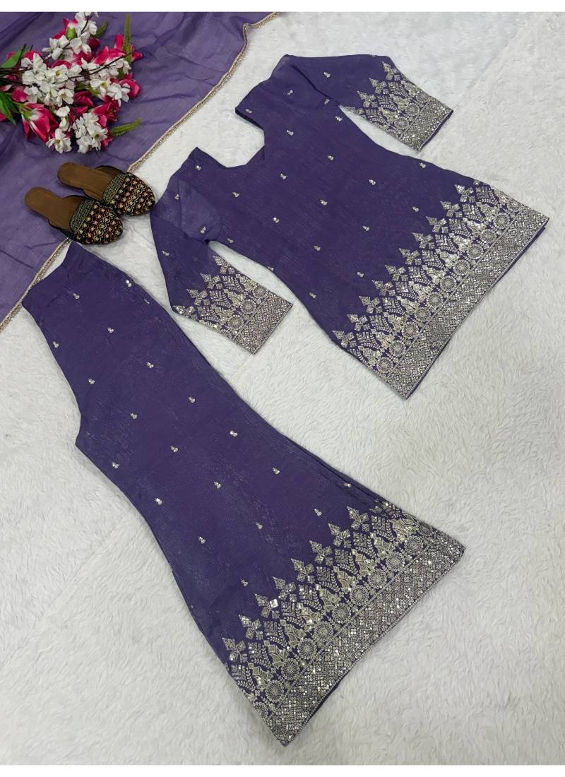 purple embroidery crunchy silk blend  full stitched sharara plazo