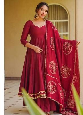 red embroidery roman silk blend  full stitched anarkali suit  1