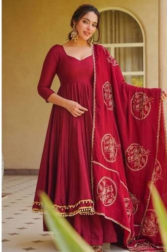 red embroidery roman silk blend  full stitched anarkali suit 
