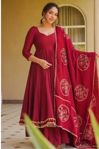 red embroidery roman silk blend  full stitched anarkali suit 