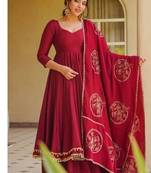 red embroidery roman silk blend  full stitched anarkali suit 