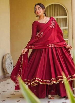 red embroidery roman silk blend  full stitched anarkali suit  2