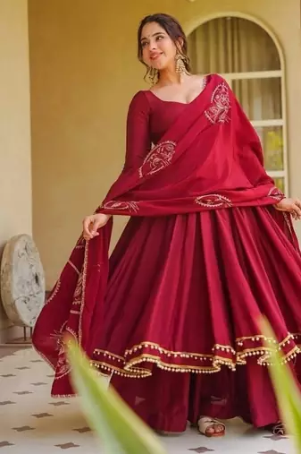 red embroidery roman silk blend  full stitched anarkali suit 