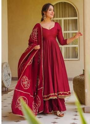 red embroidery roman silk blend  full stitched anarkali suit  3