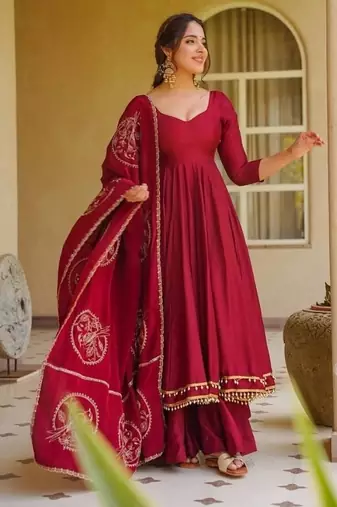 red embroidery roman silk blend  full stitched anarkali suit 