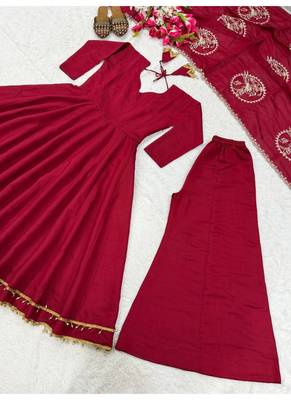 red embroidery roman silk blend  full stitched anarkali suit  4