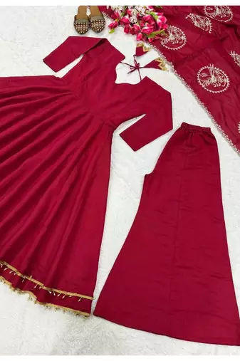 red embroidery roman silk blend  full stitched anarkali suit 