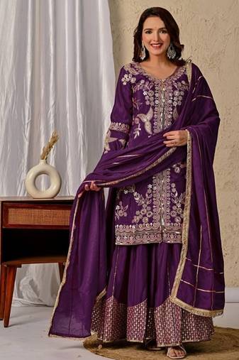 dark purple embroidery crunchy silk blend  full stitched sharara plazo