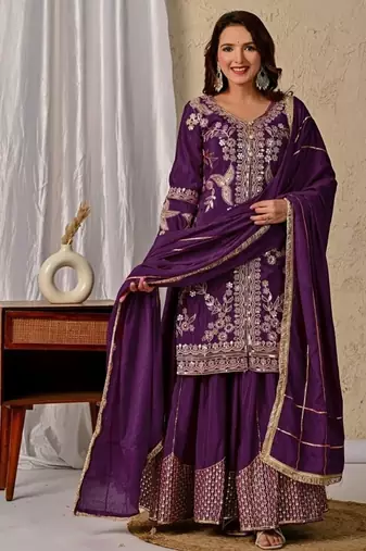 dark purple embroidery crunchy silk blend  full stitched sharara plazo