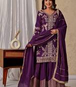 dark purple embroidery crunchy silk blend  full stitched sharara plazo