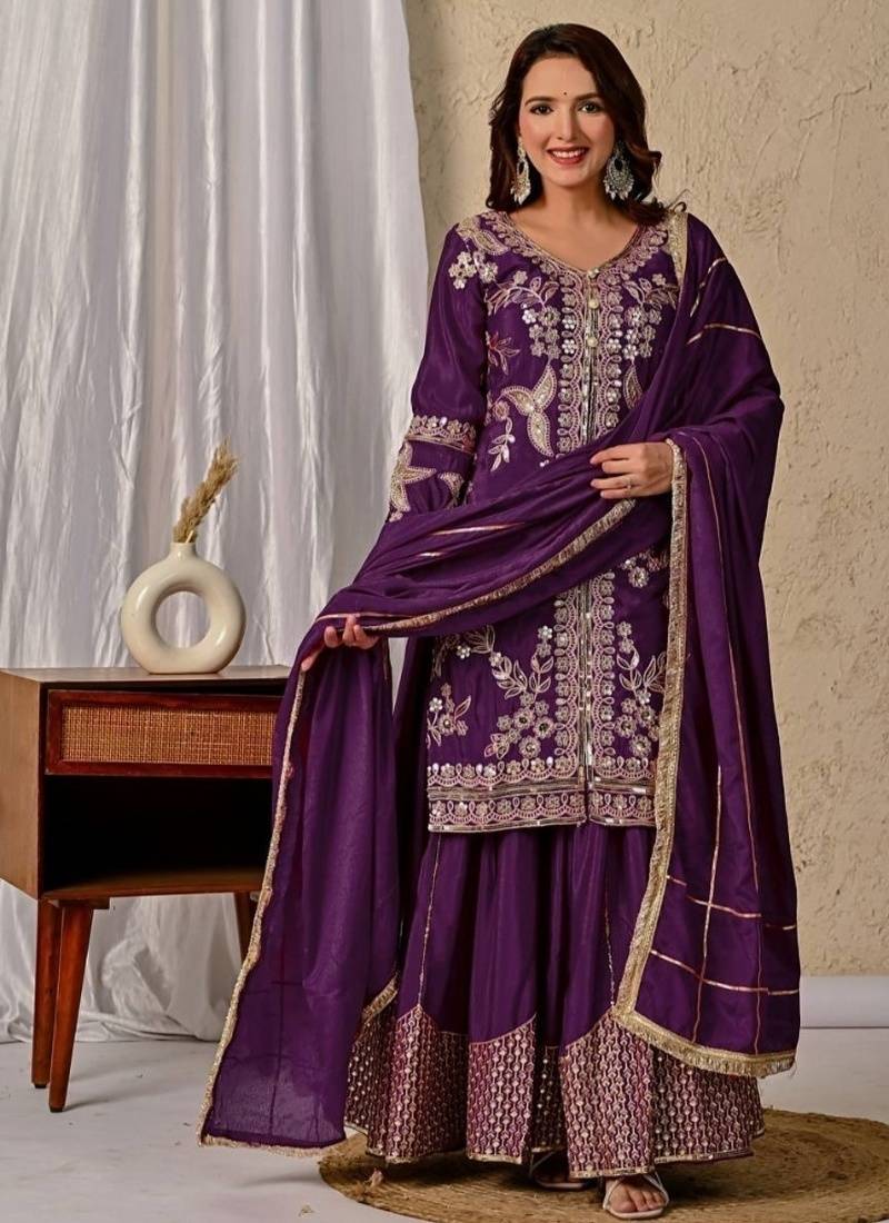 dark purple embroidery crunchy silk blend  full stitched sharara plazo