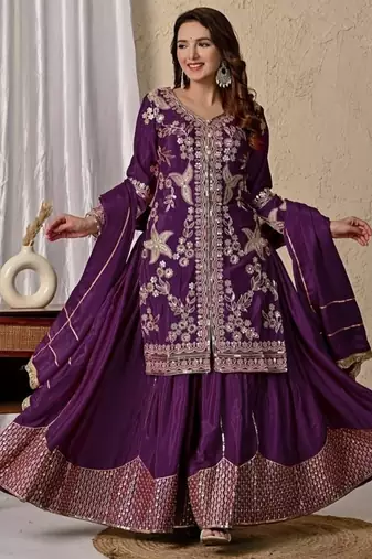 dark purple embroidery crunchy silk blend  full stitched sharara plazo