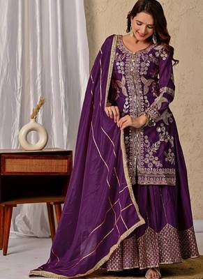 dark purple embroidery crunchy silk blend  full stitched sharara plazo 3