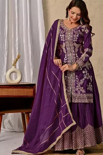 dark purple embroidery crunchy silk blend  full stitched sharara plazo