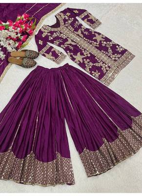 dark purple embroidery crunchy silk blend  full stitched sharara plazo 4