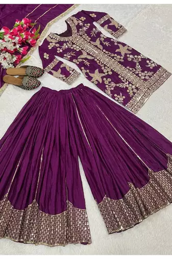 dark purple embroidery crunchy silk blend  full stitched sharara plazo