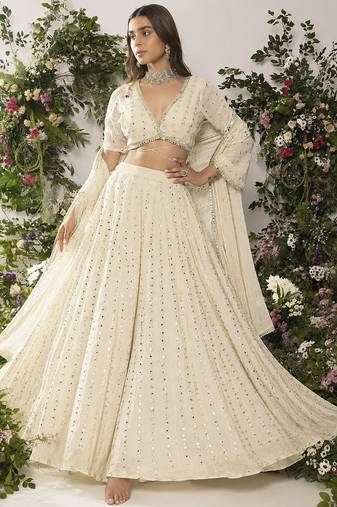 Elegant Ivory 5MM Sequin & Tone-on-Tone Thread Embroidered Lehenga Choli
